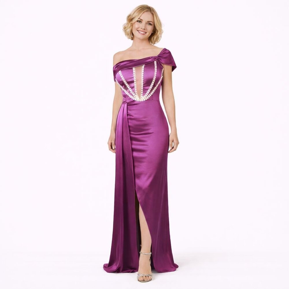 New Miss Ord Purple Satin Small One Shoulder Pearl Trim Formal Evening Gown
